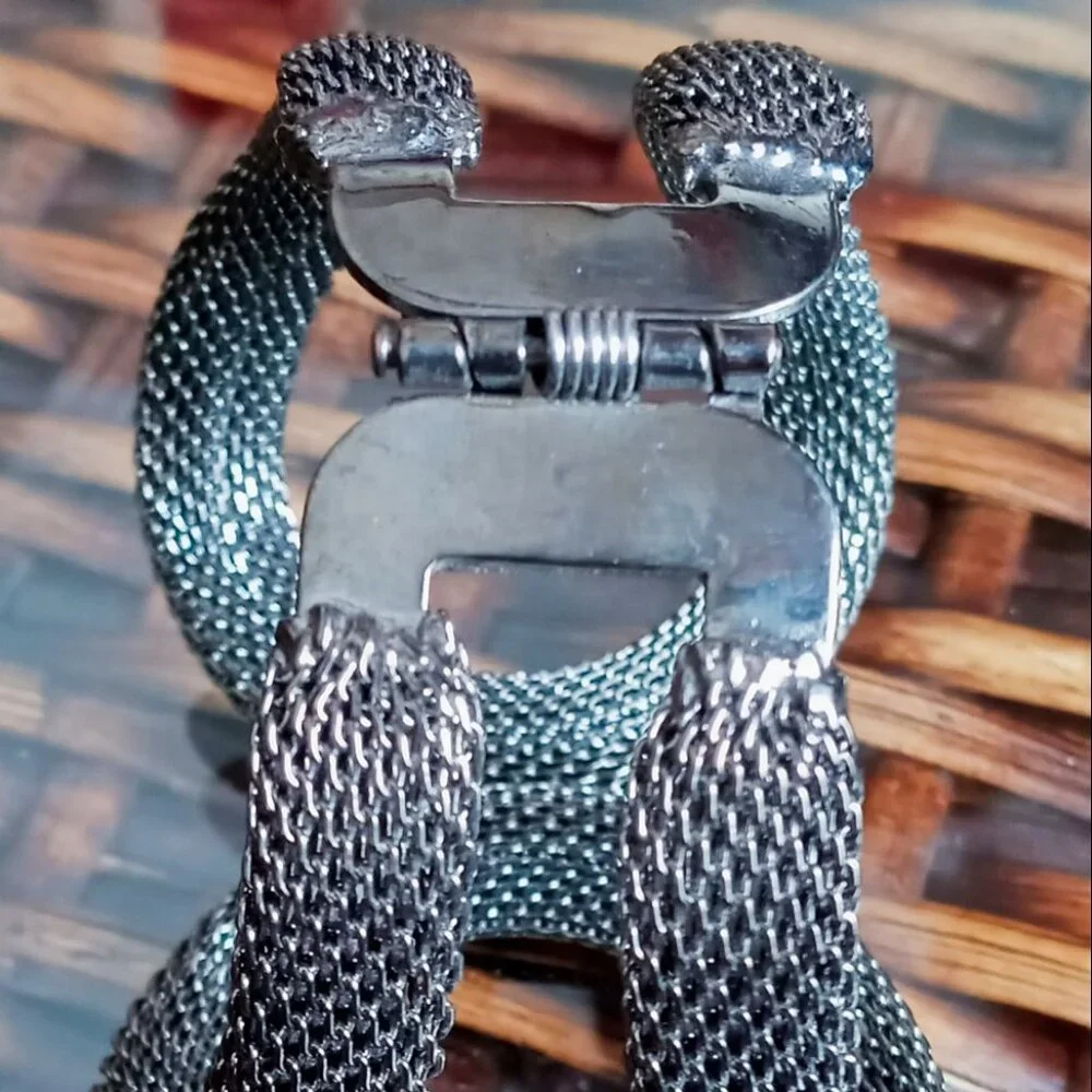 Chunky Alloy Steel Gun Metal Mesh Cuff Infinity Statement Hinge Bracelet - Picture 9 of 10